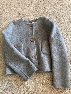 Grey Wool-Blend Button Front Jacket with Contrast Buttons